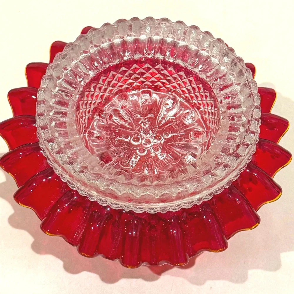 Vintage Fenton LG Wright Ruby Red Hobnail 3 Pc Fairy Lamp Ruffled UV Glow